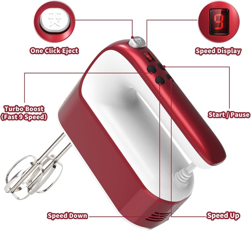 Yomelo 9-Speed Digital Hand Mixer Electric, 400W Powerful DC Motor, Hand Mixer Electric Handheld with Snap-On Storage Case, 5 Stainless Steel Accessories, Beaters, Dough Hooks, Whisk(Red/White) - Image 2